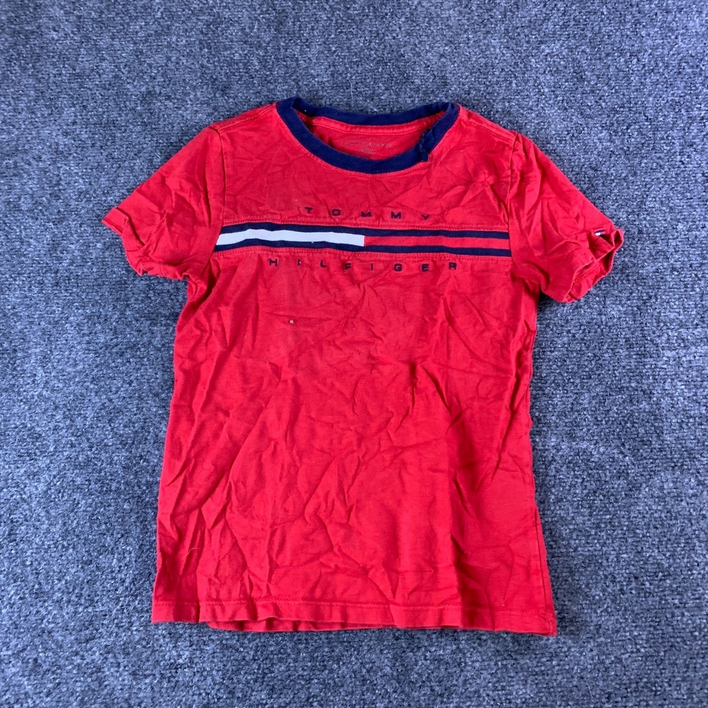 Tommy Hilfiger T-Shirt Kids M 8-10 Red Embroidered Flag Crew Neck Short Sleeve
